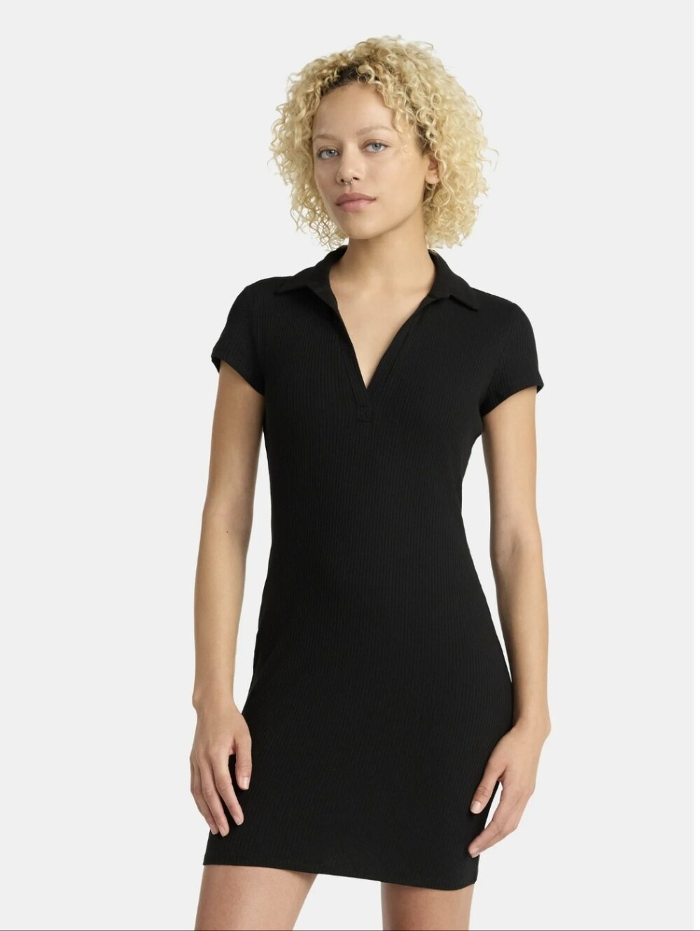 No Boundaries Black Ribbed V-Neck Collared Mini Dress - Size XXS